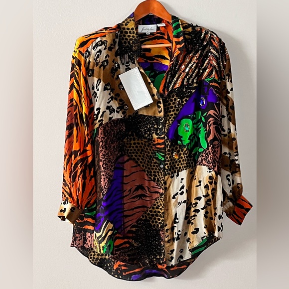 Judith Ann vintage NWT animal print button down hi lo semi sheer Silk blouse, M - Picture 5 of 16